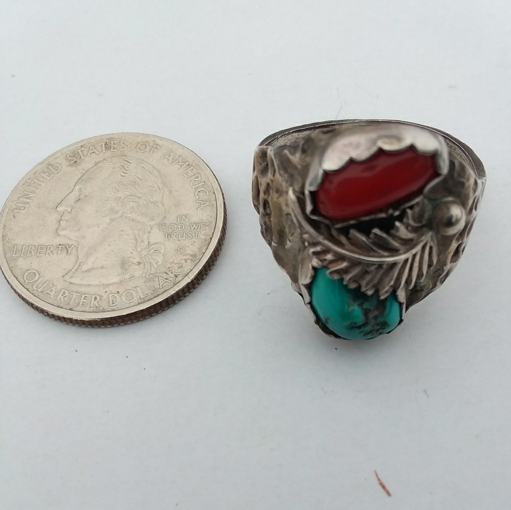 Silver, turquoise, red coral ring